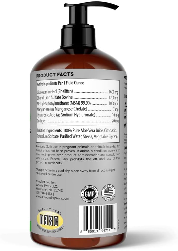 WONDER PAWS Premium Liquid Glucosamine for Dogs Strength Joint Support, Flexibility, Cartilage & Mobility - Hip and Joint Supplement with Chondroitin, MSM, Collagen & Hyaluronic Acid (16 Oz)