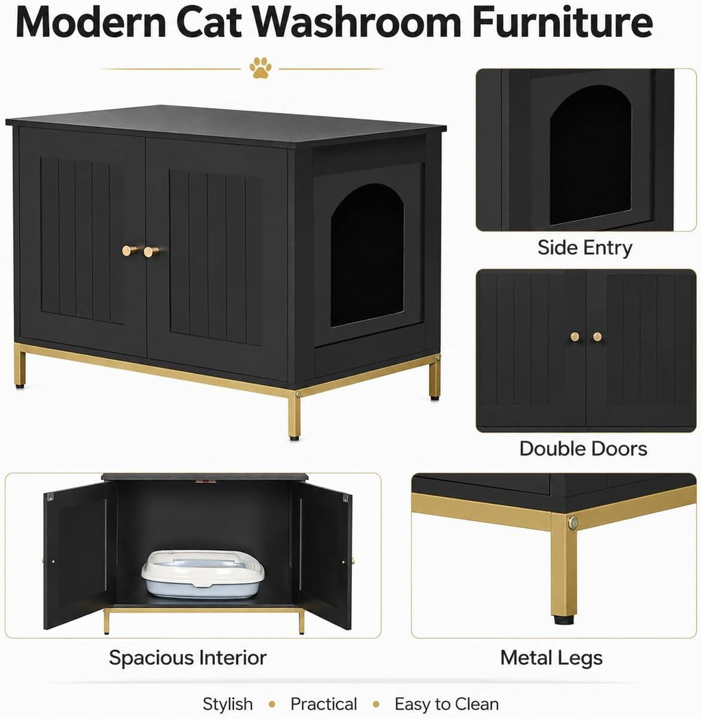 Homhedy 28.3" L Cat Litter Box Enclosure with Metal Frame, Black and Gold