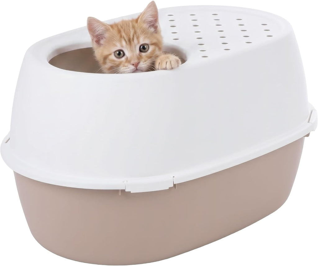 IRIS USA XX-Large Top Entry Cat Litter Box, Dog Proof, Beige/White | Extra Large, Heavy Duty Plastic, Big Cats, Secure 4-Buckle Lock, Tracking Control Lid, Quick Cleanup