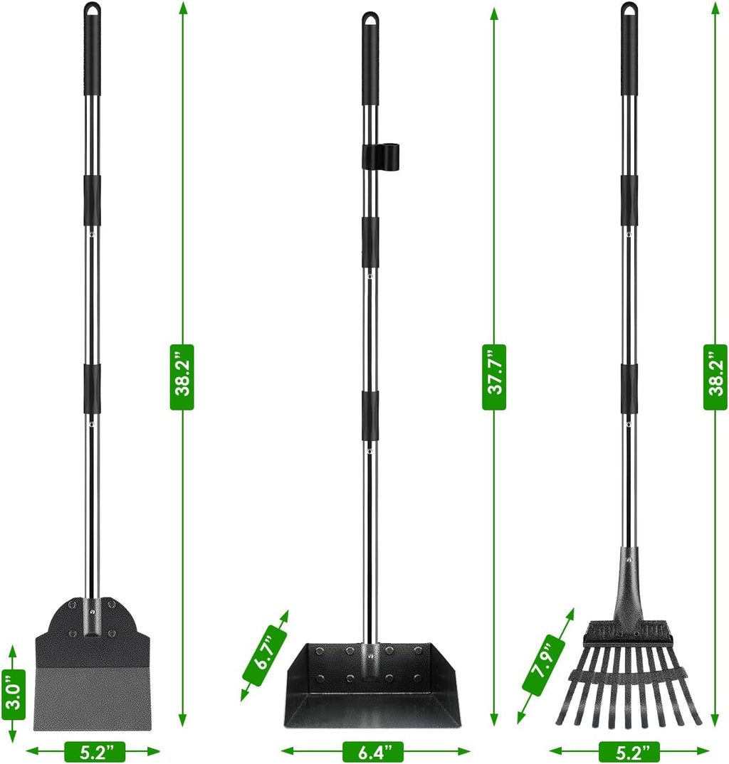 Pooper Scooper, Long Handle Dog Poop Scooper for Medium Small Dogs | Heavy Duty, Pet Supplies Metal Tray Rake Spade, Stainless Steel, Rust-Resistant,37"+ Handle No Bend, Use on Grass Dirt Gravel