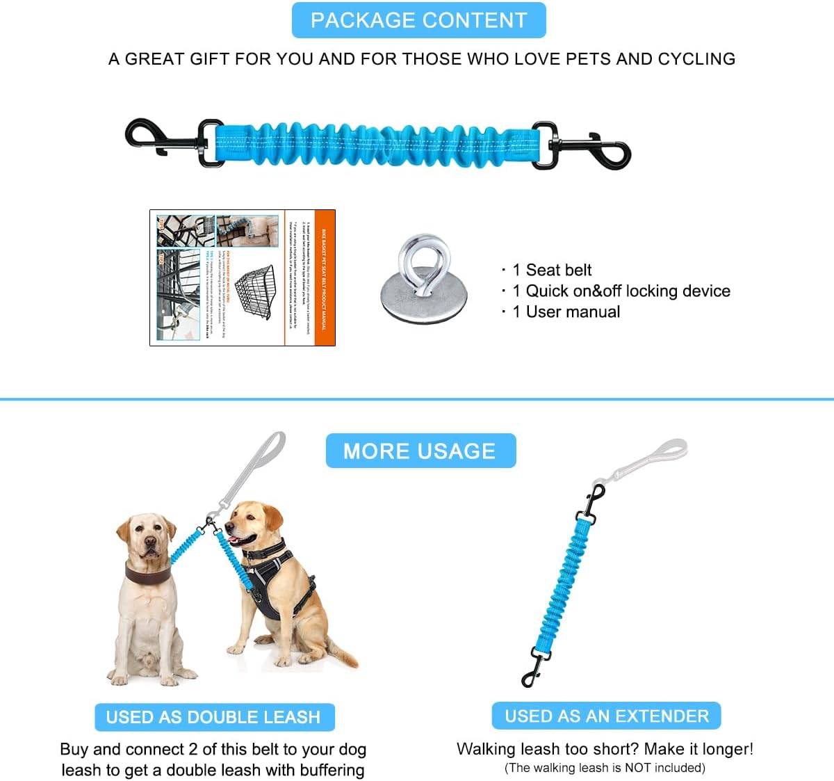 Dog Seat Belt for Bike Basket, Shock Absorbing Lead Bicycle Safety Leash