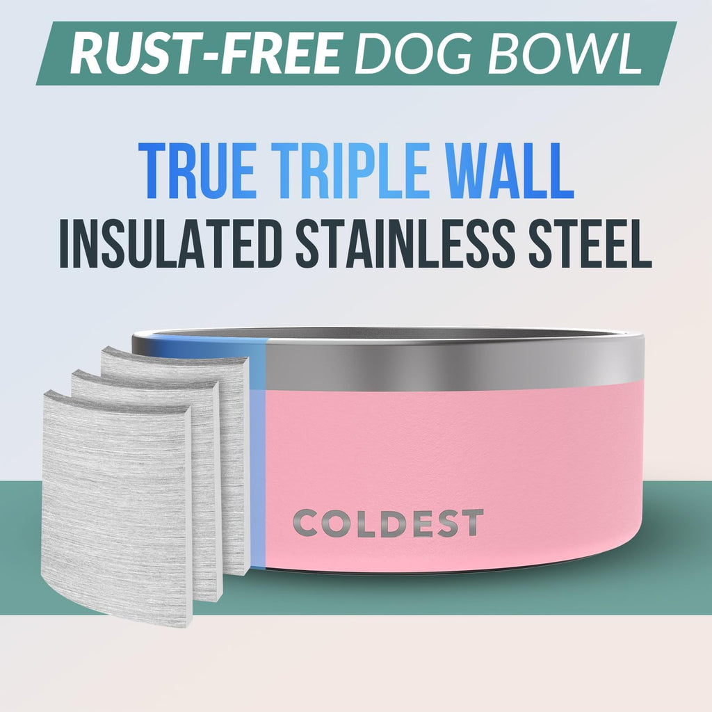 Coldest Dog Bowl - Anti Rust Metal, Non Slip, 3 Layers Insulated Stainless Steel Dog Bowls - Spill Proof & Heavy Duty - Water Bowl for Dogs, Cats & Pets, Dish Washer Safe (100 oz, Cotton Candy Pink) 