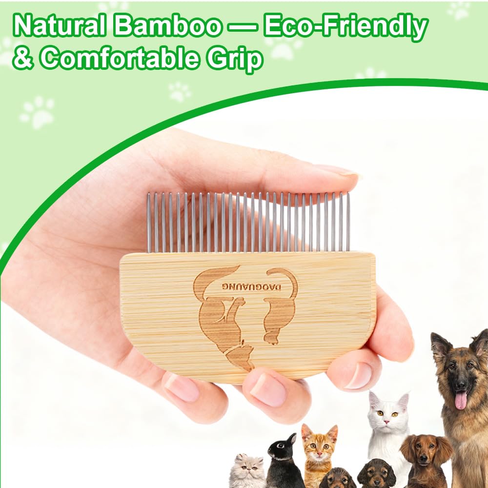 Pet Grooming Combs for Dogs Cats, 2 Pack Bamboo Combs with Wide Fine Teeth for Shedding, Detangling, Flea Removal and Daily Care