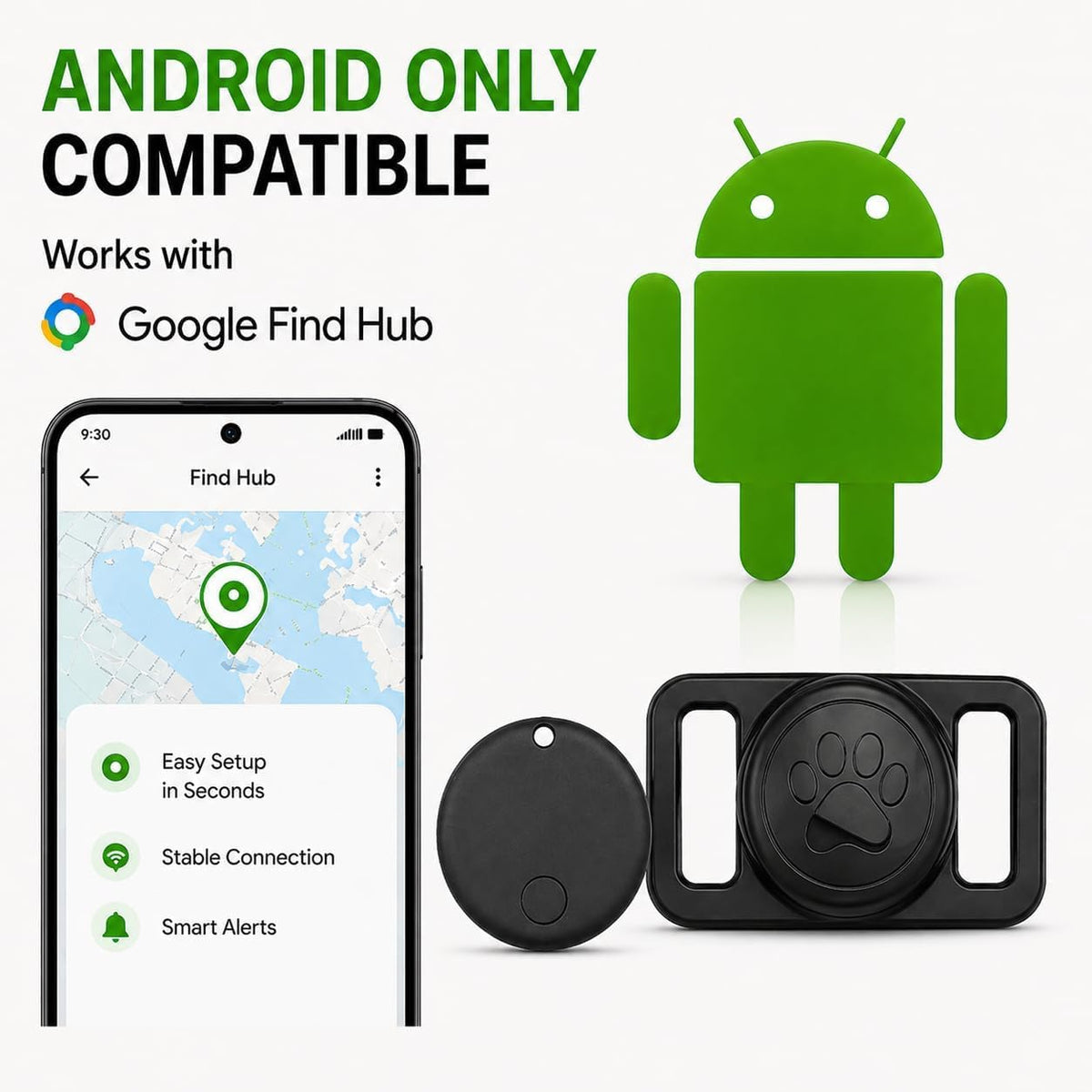 Pet Tracker for Dogs Android Only, GPS Dog Tracker Collar No Subscription – Google Find Hub Compatible Dog Tracker GPS, IP67 Waterproof with Replaceable 1-Year Battery (Network-Dependent)
