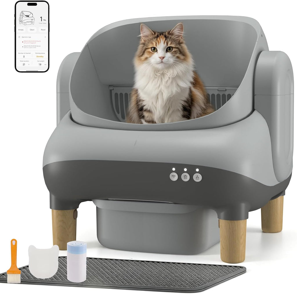 GTPLAYER Self Cleaning Litter Box, Open Top Cat Automatic Litter Box - APP Control and Weight Monitoring, Safety Sensors Protection, Ultra-Quiet, Odor Control, Includes Trash Bag& Scrub Brush, Gray