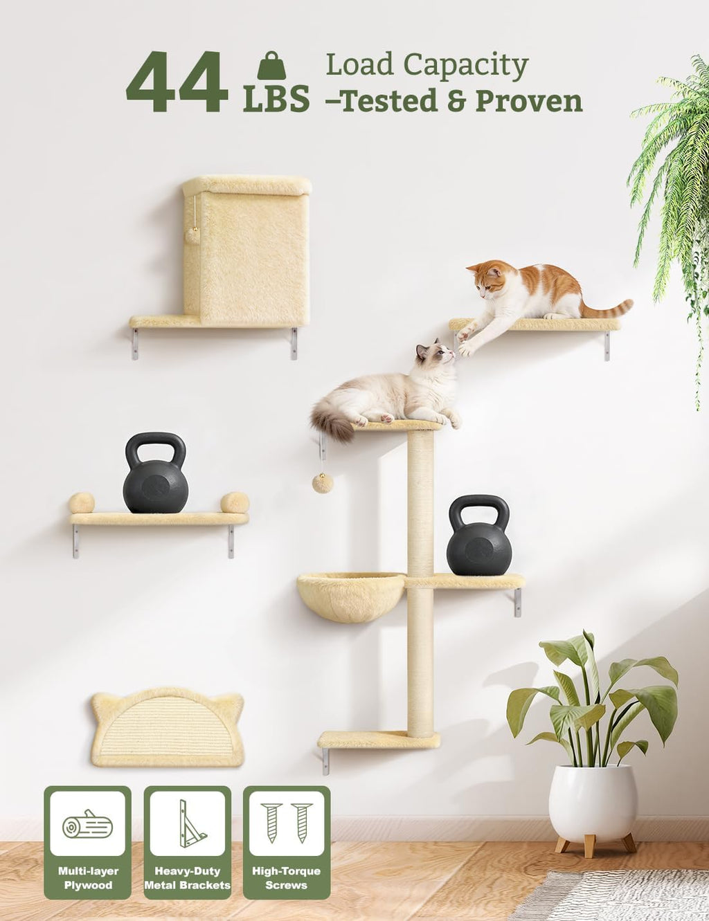 5-in-1 Cat Wall Shelves, Solid Wood Cat Wall Furniture Set for Indoor Cats