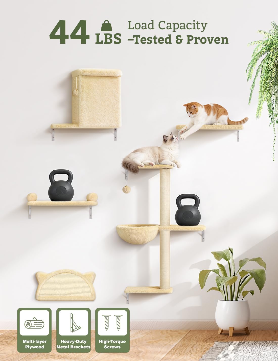 5-in-1 Cat Wall Shelves, Solid Wood Cat Wall Furniture Set for Indoor Cats