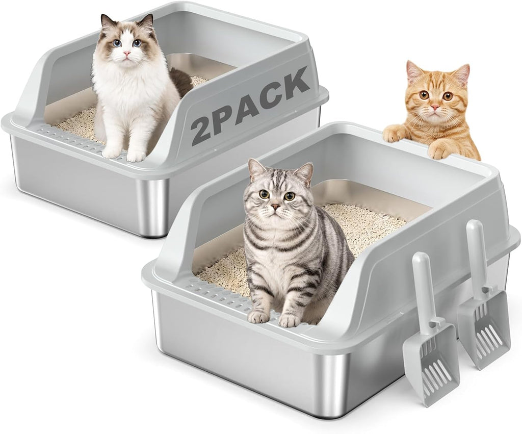 FURTIME Stainless Steel Cat Litter Box with Lid 2Pcs, Enclosed Litter Boxes