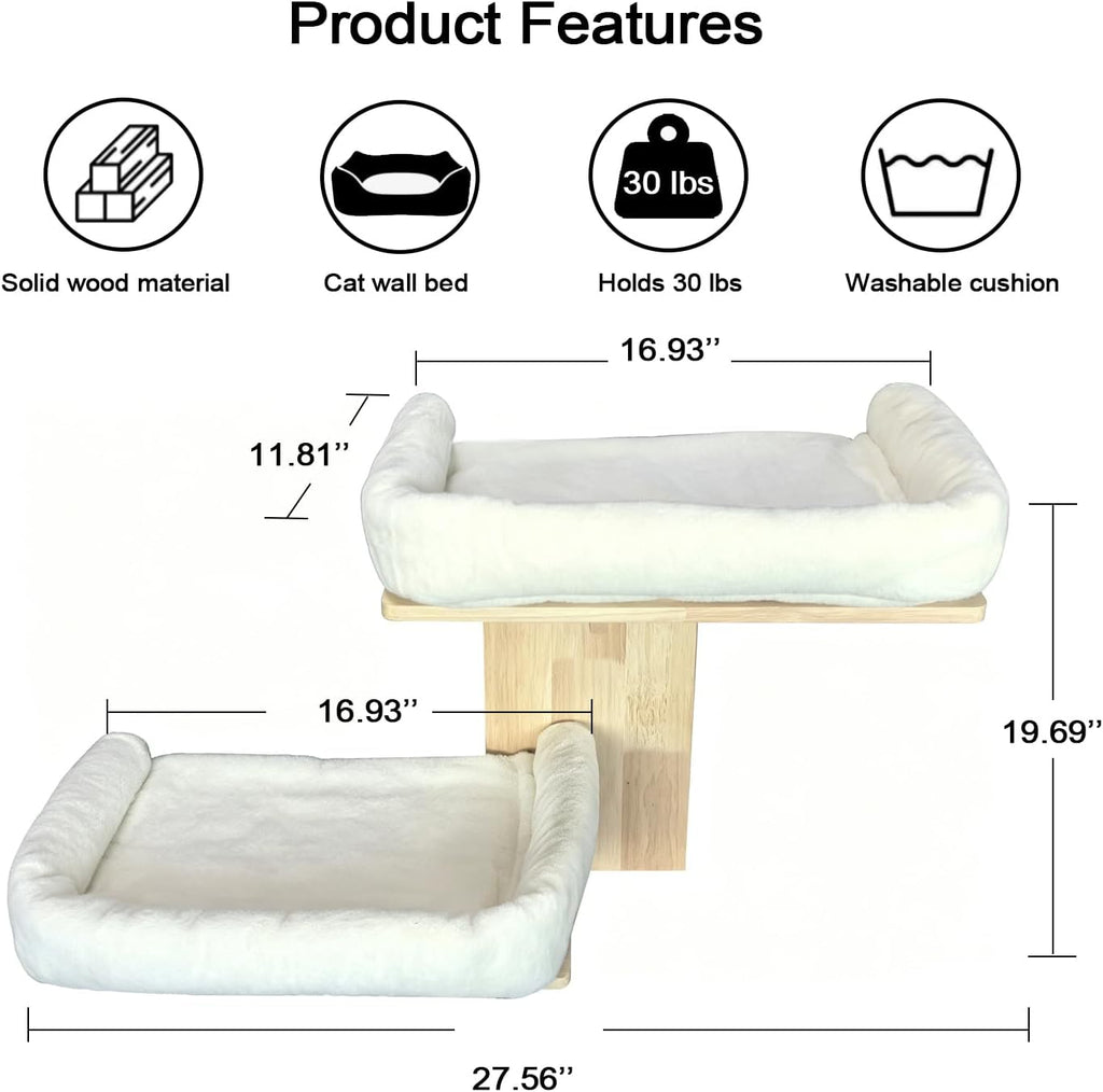 Cat Wall Shelves with Cat Bed 2 in 1 Furniture with Soft Cushion Perch & Pet Cooling Mat 2 Platform Climbing Wall Systems Tree Tower for Indoor Cats Rubber Wood Corner Floating Shelf