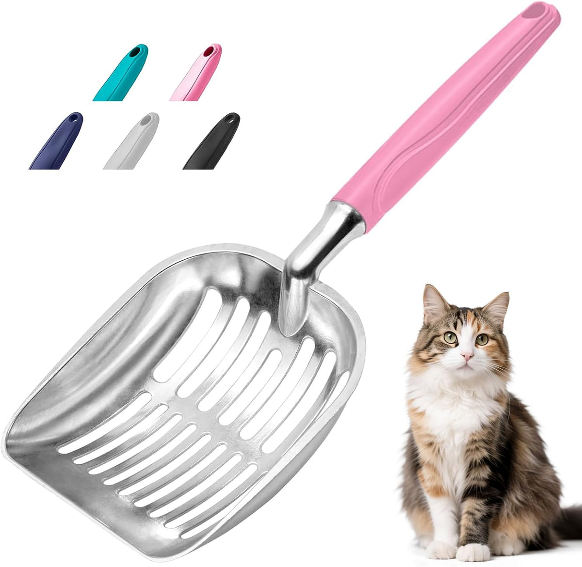 Cat Litter Scoop, Metal Cat Scooper, Plastic Handle Scoop, Sifting Shovel for Christmas – Heavy Duty Aluminum Alloy Litter Box Scoop with Deep Mesh, Design for Easy Waste Removal and Cleaning(Pink)