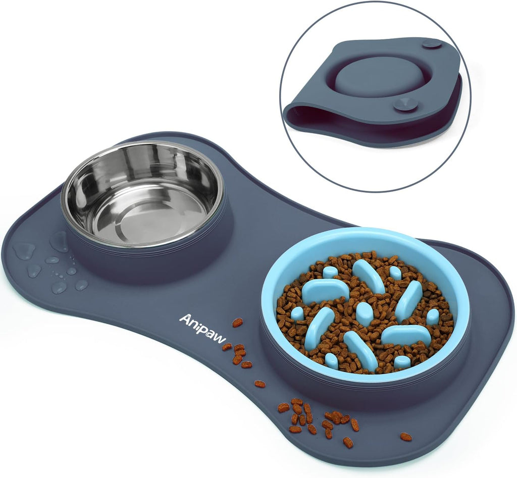 Slow Feeder Dog Bowls 3 in 1 Stainless Steel Food Water Bowl to Slow Eating | Durable, Non-spill & Non-skid with Silicone Mat Design, Slow Down Eating, Suitable for Small Medium Large Dogs and Cats
