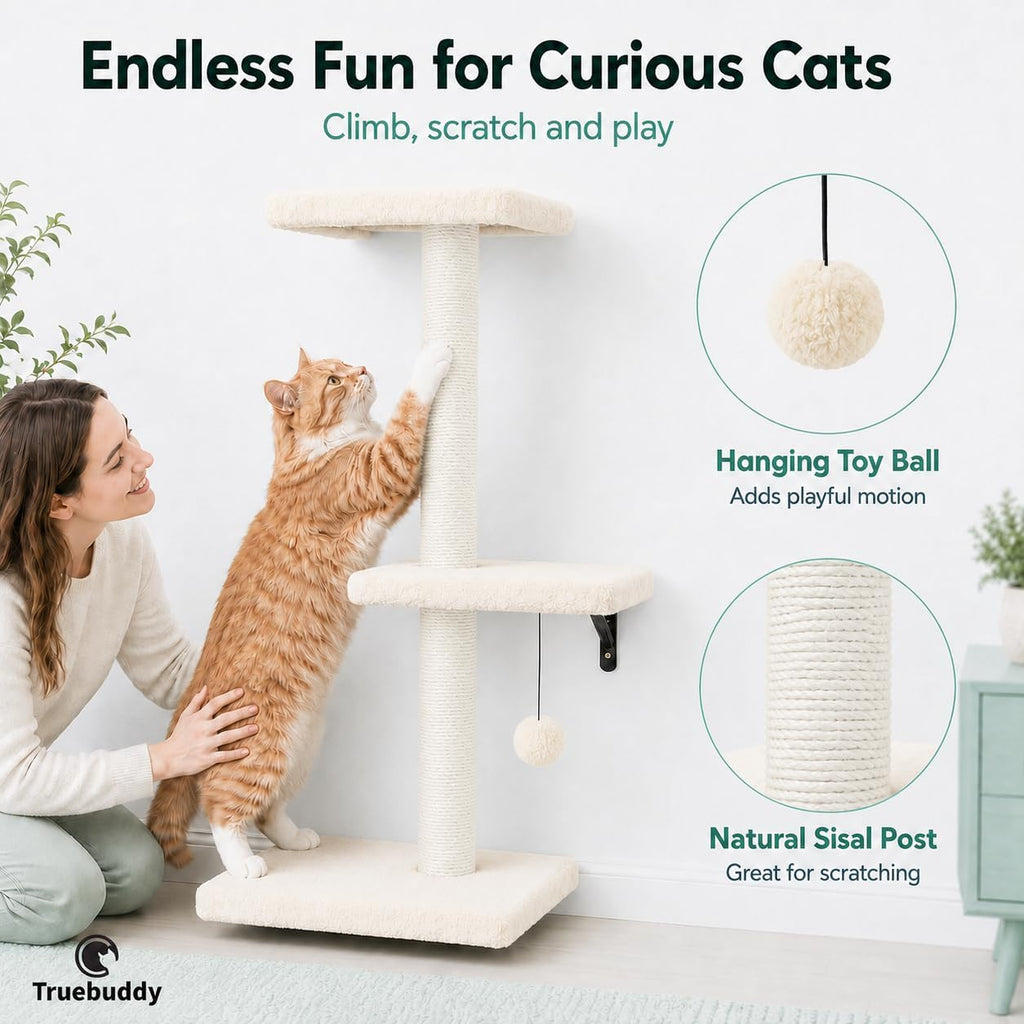 Cat Wall Shelves Set - 5 in 1 Wall-Mounted Cat Tree with Scratching Post - Perch, Condo, and Climbing Platforms - Ivory