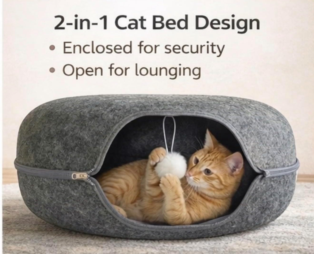 Cat Cave Tunnel Bed - Comfort Bedz Large Donut Cat House, Enclosed Felt Hideaway with Zipper, Top Perch, Interactive Toy, Washable for Indoor Cats up to 25lbs