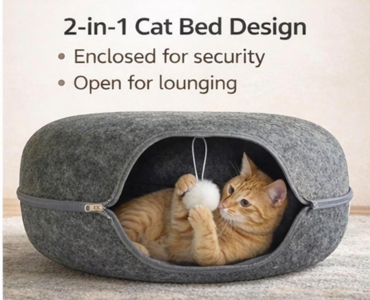 Cat Cave Tunnel Bed - Comfort Bedz Large Donut Cat House, Enclosed Felt Hideaway with Zipper, Top Perch, Interactive Toy, Washable for Indoor Cats up to 25lbs