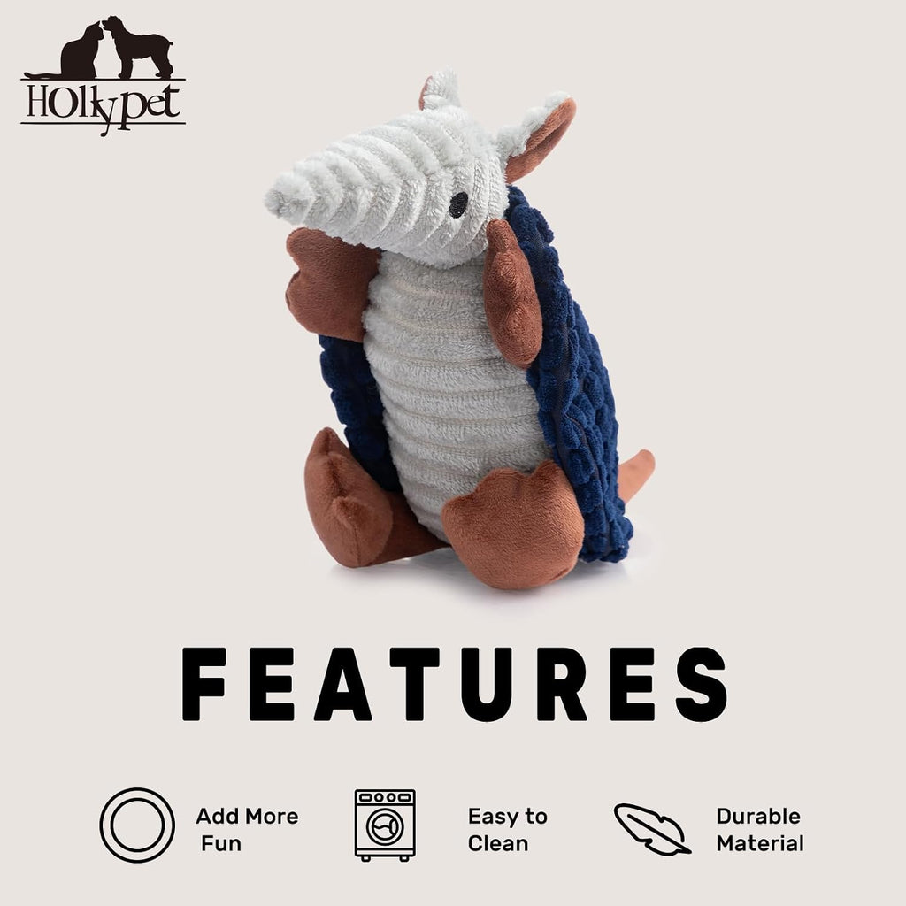 Hollypet Armadillo Squeaky Puppy Dog Toys for Small Medium Dogs, 8" | plush stuffed small dog squeak animal toy with unique grunt squeaker textured fabric for teeth cleaning toys