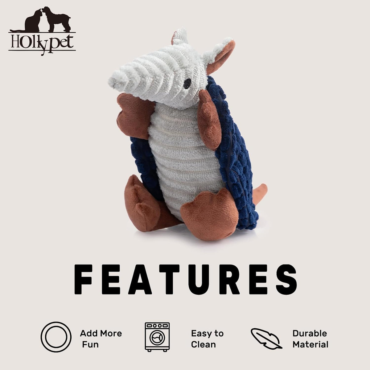 Hollypet Armadillo Squeaky Puppy Dog Toys for Small Medium Dogs, 8" | plush stuffed small dog squeak animal toy with unique grunt squeaker textured fabric for teeth cleaning toys