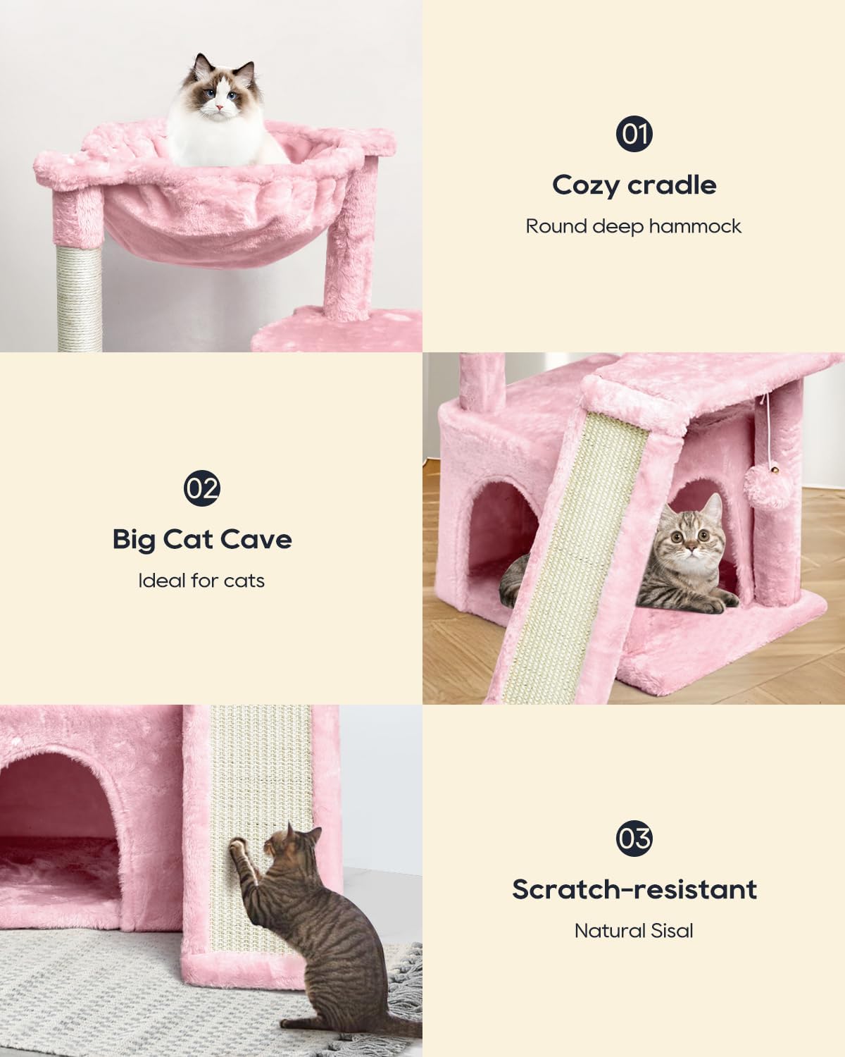SYANDLVY Cat Tree for Indoor Cats Large Adults, Modern Activity Tower with Scratching Posts & Board, Condo with Plush Perch, Climbing Stand with Cradle & Hanging Ball for Play, Pink