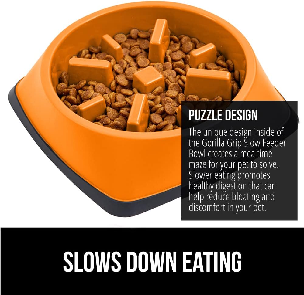 GORILLA GRIP® Patented Slow Feeder Dog and Cat Bowl, BPA Free, 2 Cup Orange