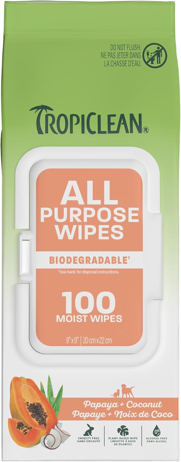 TropiClean Papaya & Coconut Luxury 2-in-1 Pet Wipes, 100ct - Wipes for Dogs & Cats - Gently Removes Dirt, Dander & Smells - for Pet Paws, Face, Body & Bottom - Tropical Papaya & Coconut Scent 