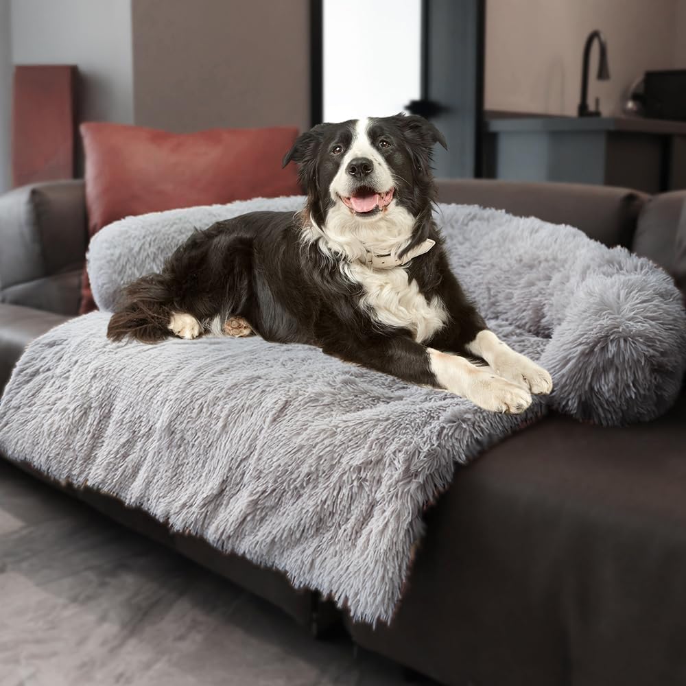 Calming Dogs/Cats Bed Mats, Dog Pad Washable Removable Couch Cover, Plush Long Fur Mat for Pets, Waterproof, Perfect for Small, Medium and Large Dogs and Cats (Light Gray, 53"x39.3"x6.0")