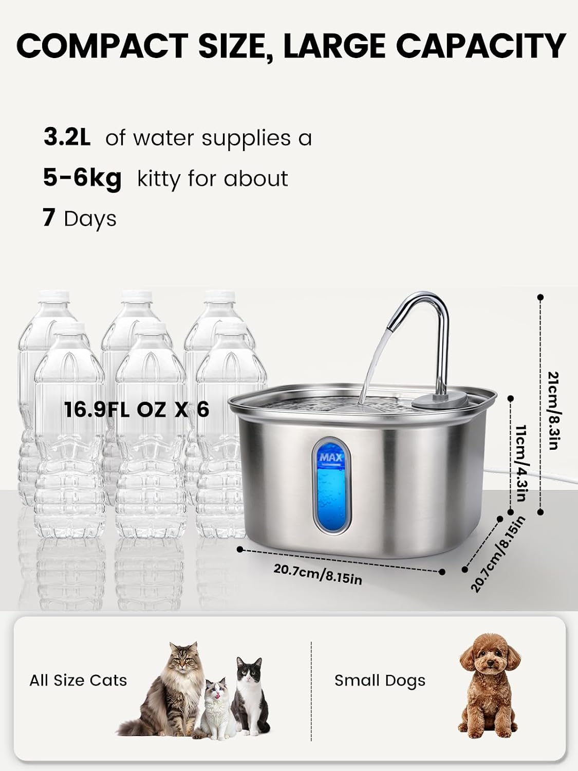 Cat Water Fountain Stainless Steel for Cats Indoor 2.5L 85oz by BPA-free SUS304, Effective 6-Layer Filter Cat Fountain for Drinking 20dB Ultra Quiet Metal Pet Water Fountain (Fountain108oz+4Filters+Mat)