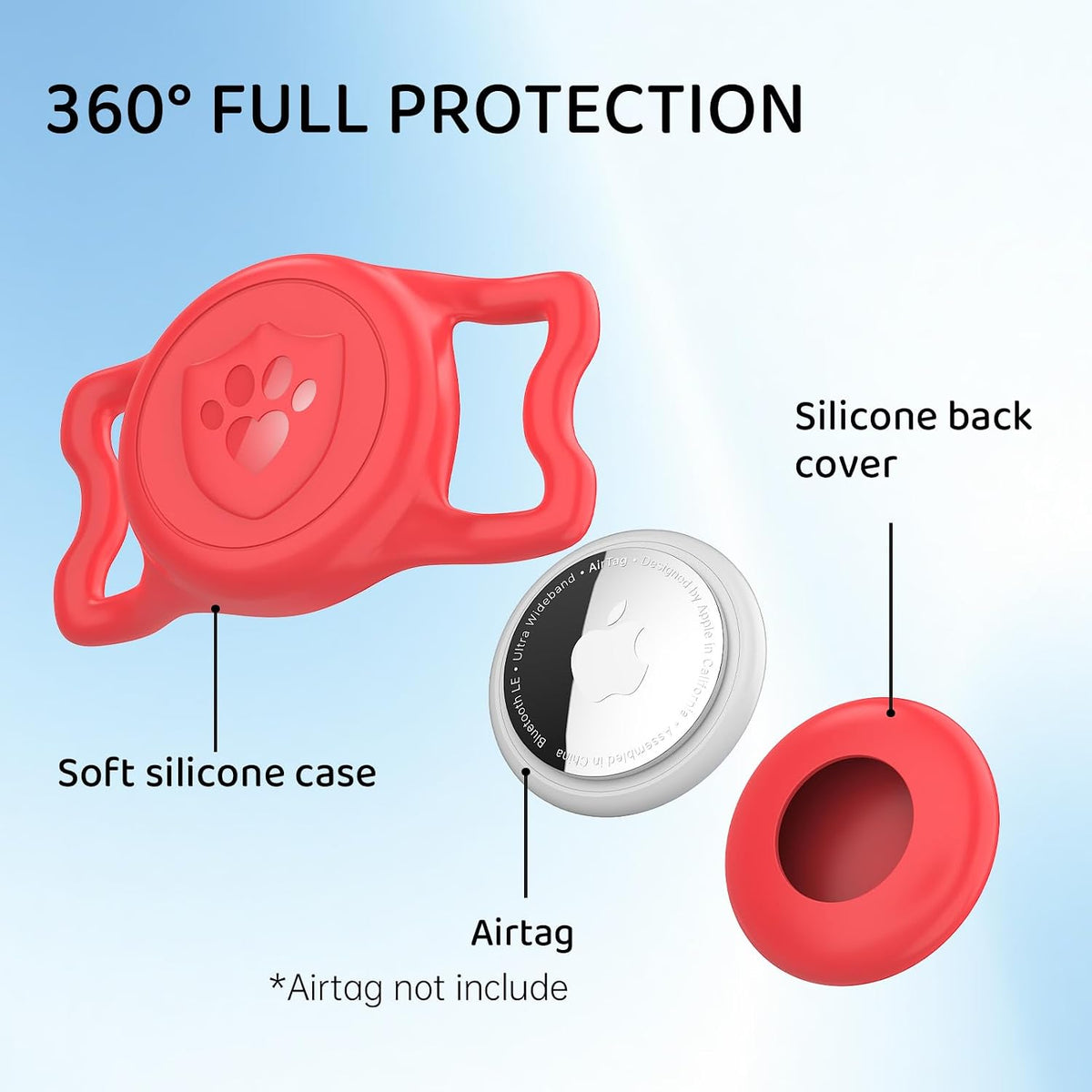 IP68 Waterproof AirTag Holder for Dog Collar, Silicone, Red