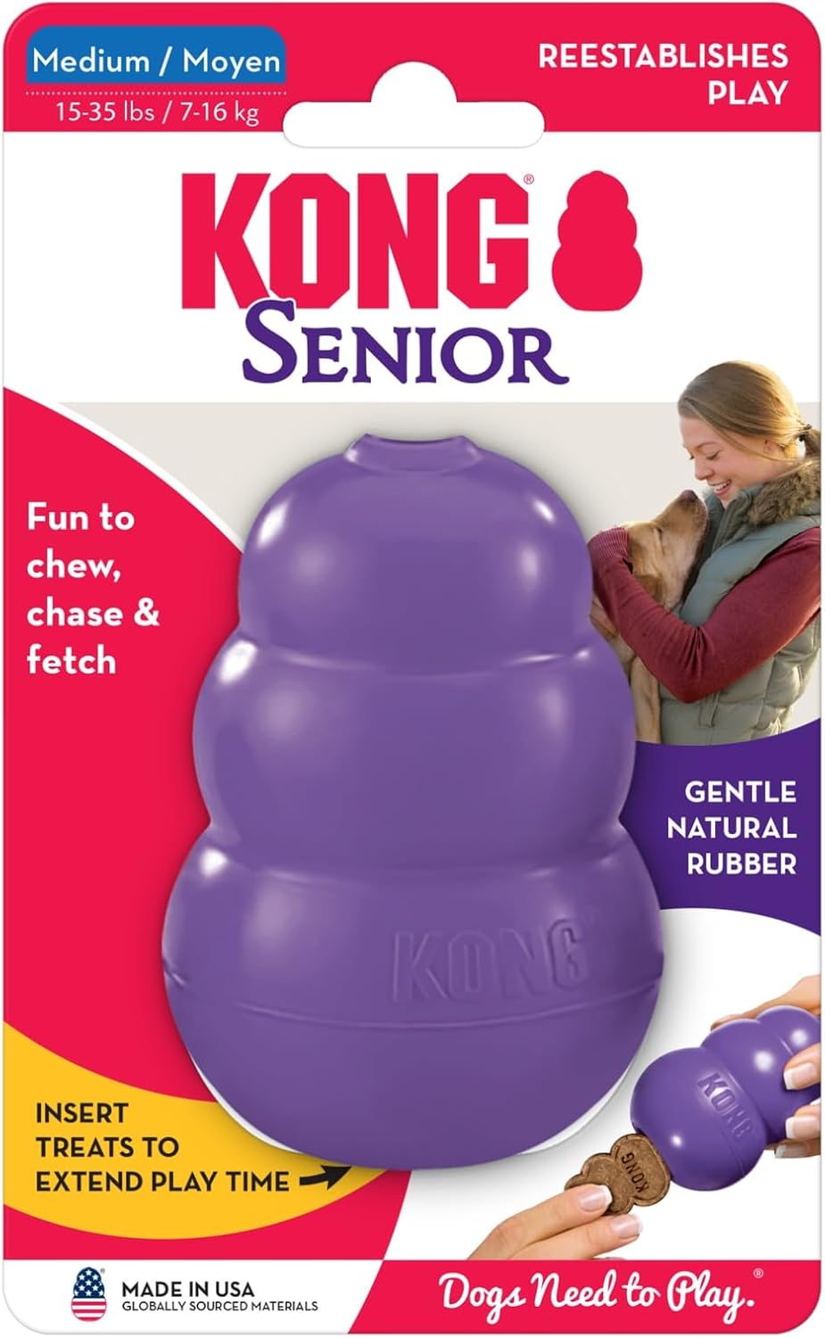 KONG Senior, Gentle Natural Rubber Stuffable Dog Toy, for Medium Dogs