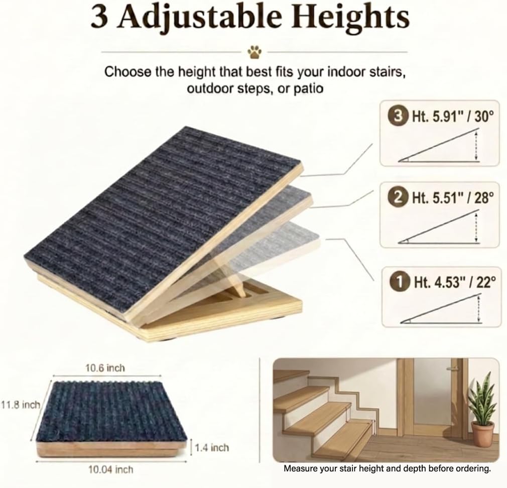 2 Pack Adjustable Dog Ramp for Stairs for Small Dogs, Senior Dogs, Short-Legged Breeds, Non-Slip Solid Wood Foldable Ramp for Indoor/Outdoor Steps, Joint-Friendly Stair Wedges for Corgis & Dachshunds