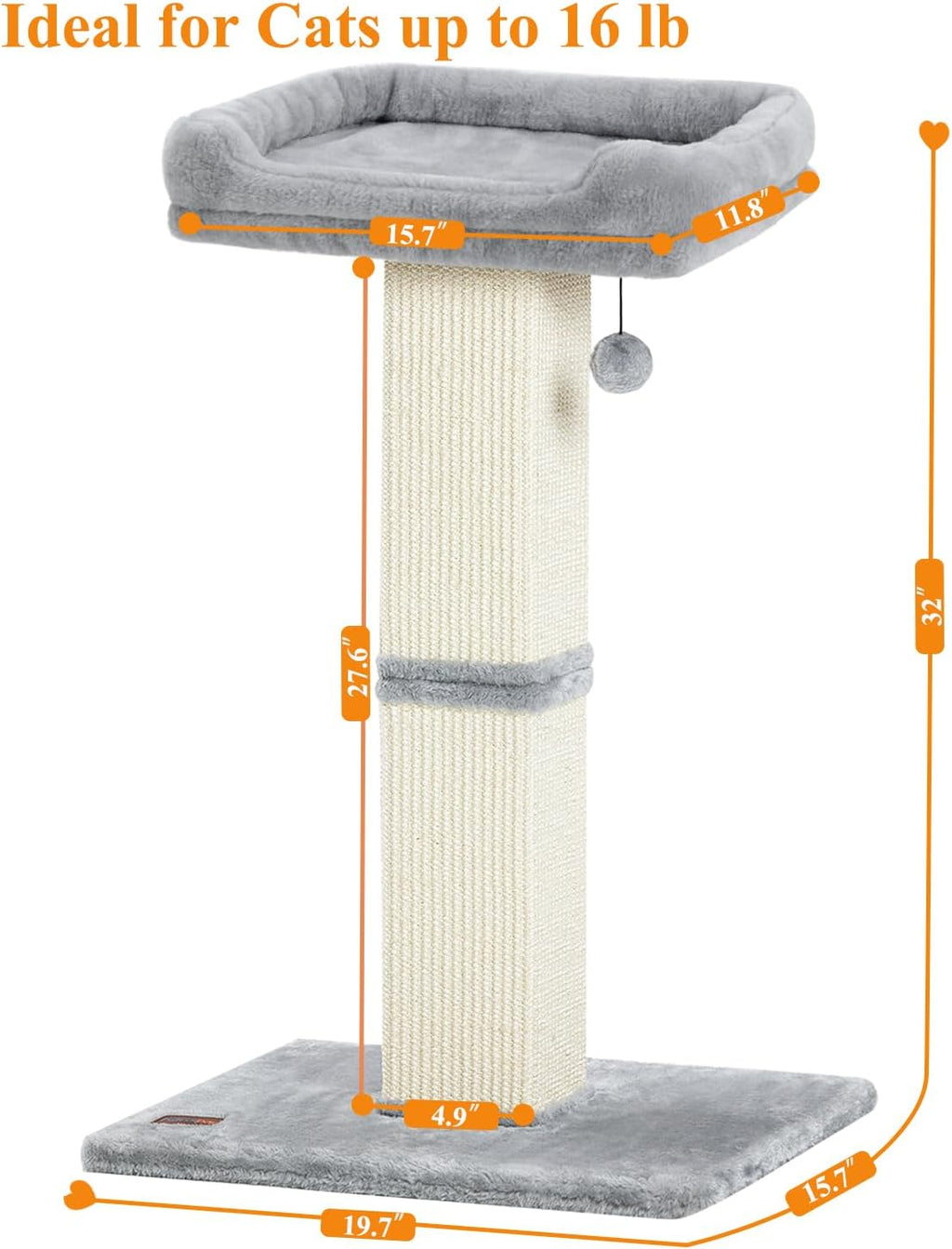Karolpar 32" Cat Scratching Post for Indoor Cats, Sisal Cat Scratcher with Plush Perch, Large Scratch Post with Bed, Removable Cover, Sisal Fabric,Light Grey