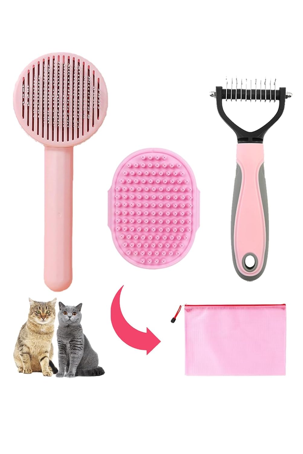 Cat Brush for Shedding 5pcs - Long Haired Cats Brush, Indoor Cats Brush, Small Dogs Brush, Matted Fur Hair Brush with Flea Comb Set, Pink
