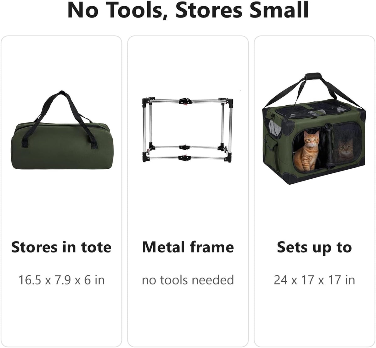 Large Cat Carrier for 2 Cats, 24x17x17 in, Metal Frame, Green