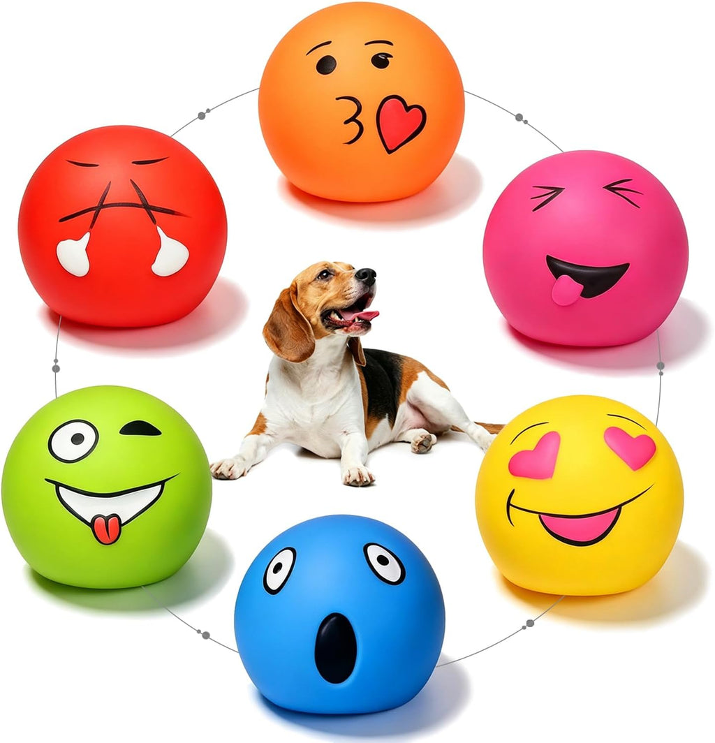 HOLYSTEED Squeaky Dog Toys for Medium Dogs, Round Latex Squeaky Balls 2.3" | 2.3"*2.3"*2.16", 6pcs Round Soft Rubber Dog Balls, Smile Face Puppy Squeak Toys with Squeaker for Small Breed Indoor, Outdoor