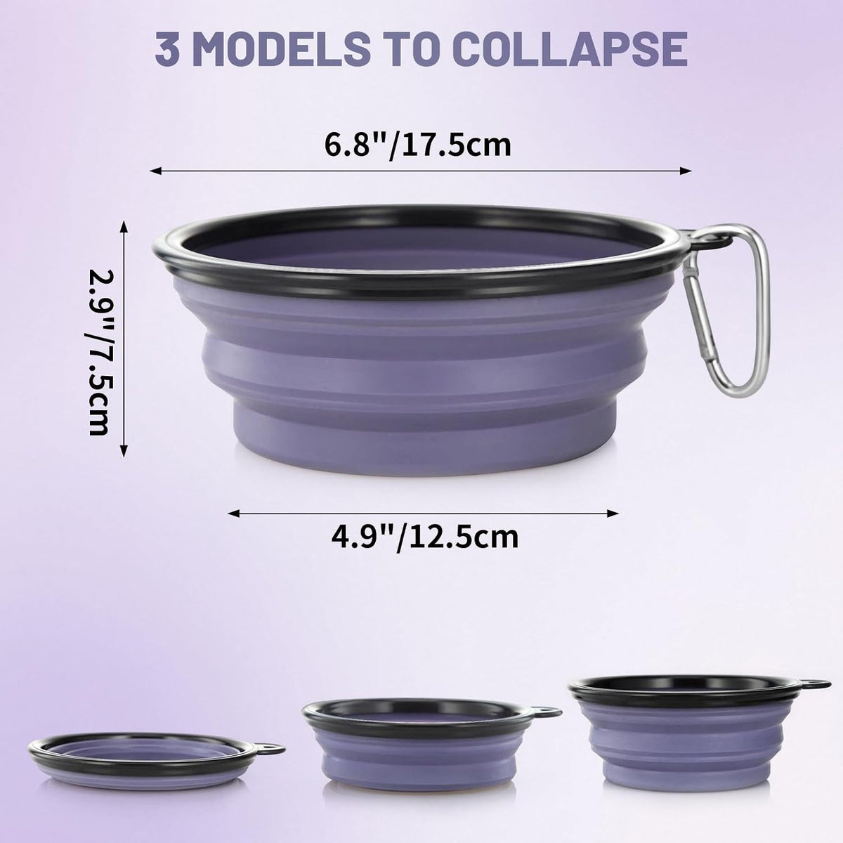 Dog Bowl Large Pet Collapsible Bowls, 2 Pack Collapsible Dog Water Bowls for Cats Dogs Portable Pet Feeding Water Dish for Walking Parking Traveling with 2 Carabiners (Large, Purple & Concrete Gray)