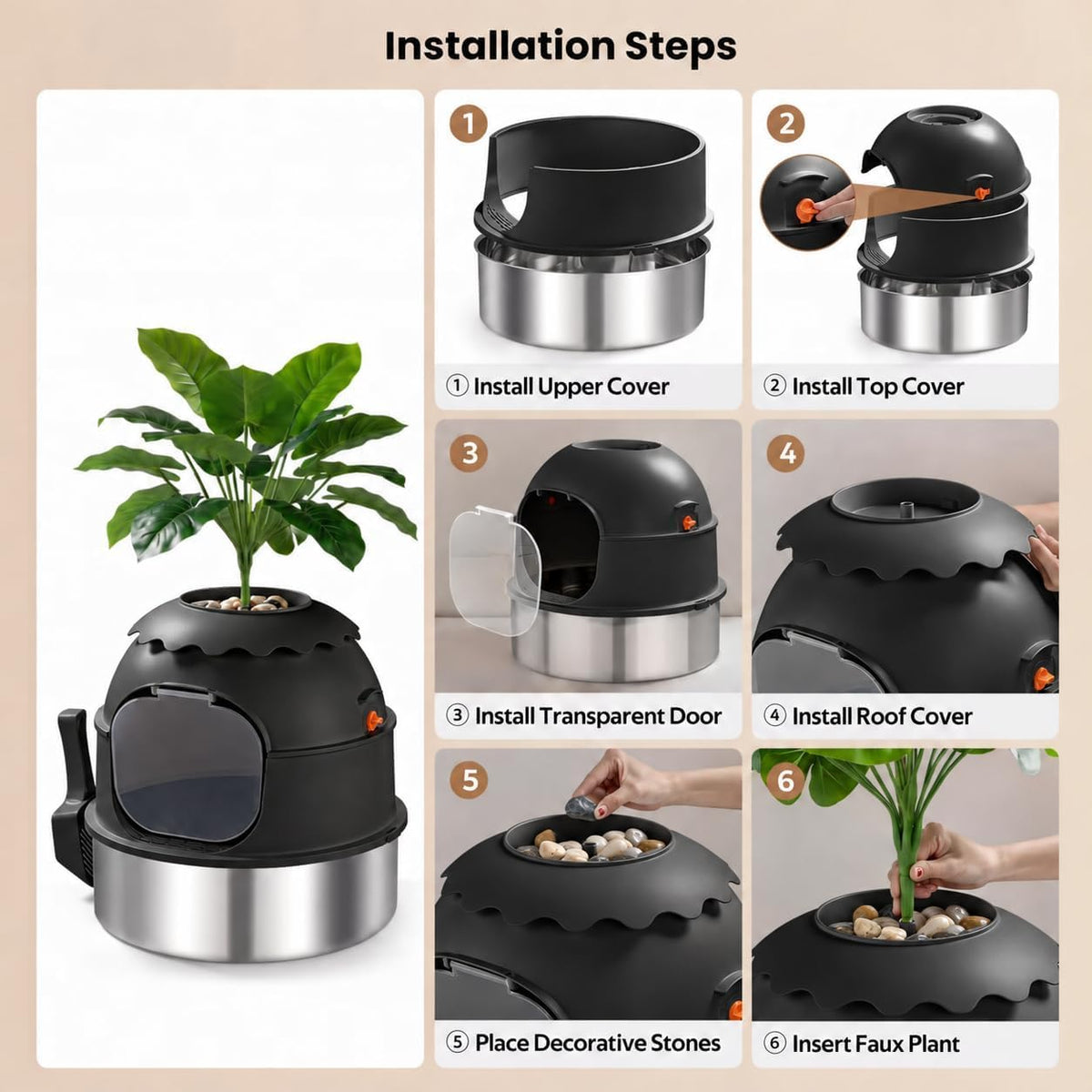 Hidden Litter Box, Stainless Steel Litter Box with Faux Plant Decor, Litter Box Enclosure with Clear Front Door, Includes Scoop & Litter Mat, Odor Control, Easy to Clean (Black)