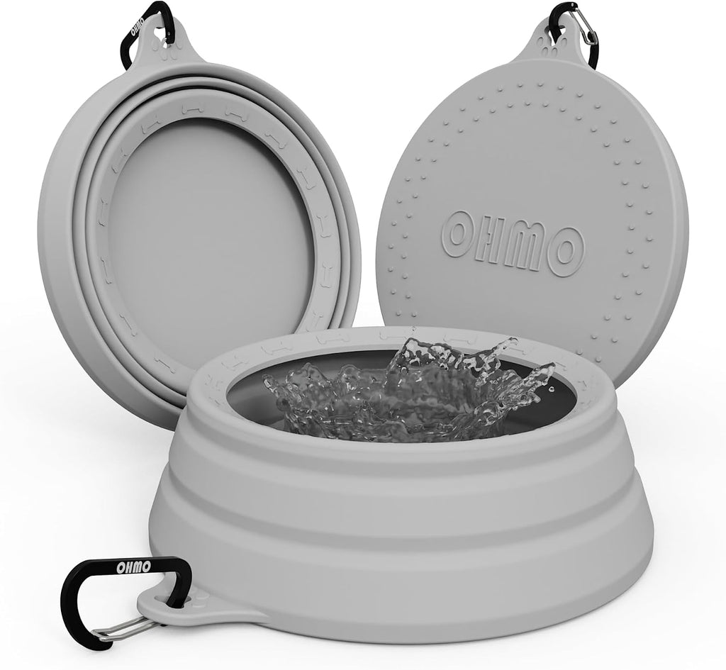 OHMO Spill Proof Collapsible Dog Bowl, 34oz Portable Dog Water Bowl | Low Center Gravity Stability, Tapered Splash Control, Foldable, Dishwasher Safe, Dog Travel Essential, Ash