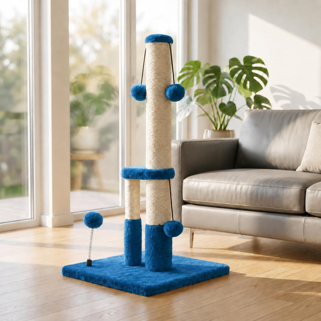 Dimaka Tall Cat Scratching Post, Double Lower Posts Extra Stable Cat Post Tree Scratcher with Sisal Rope and Teasing 4 Balls Total Large Base (Blue)