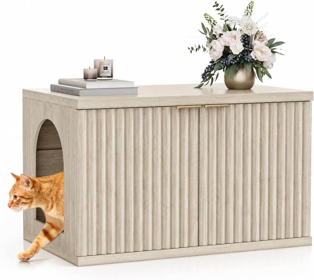 Homhedy Cat Litter Box Enclosure,Modern Fluted Accent,Cream Gray