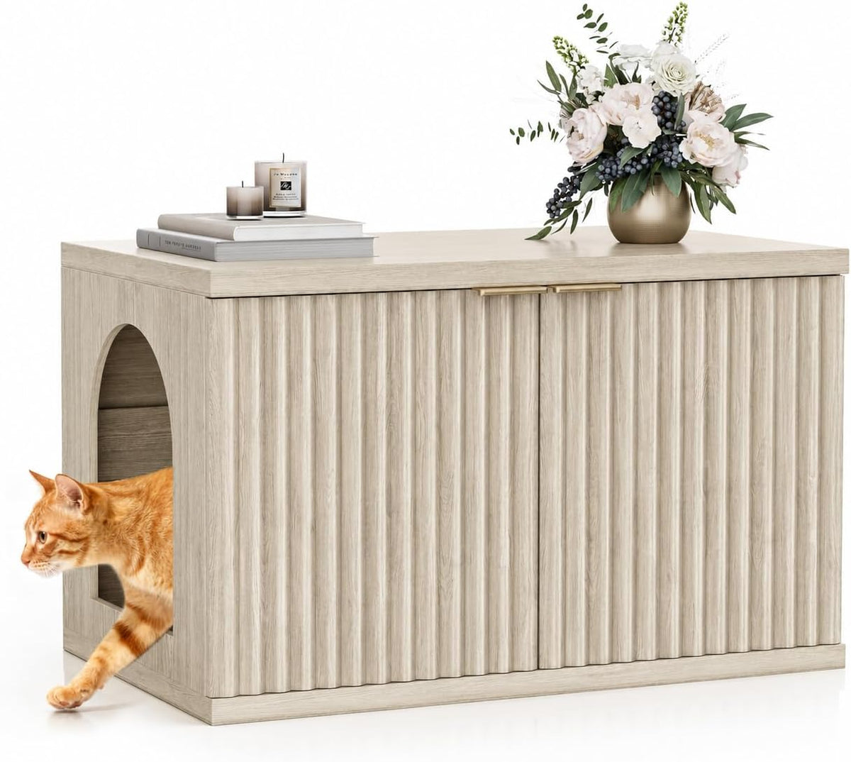 Homhedy Cat Litter Box Enclosure,Modern Fluted Accent,Cream Gray