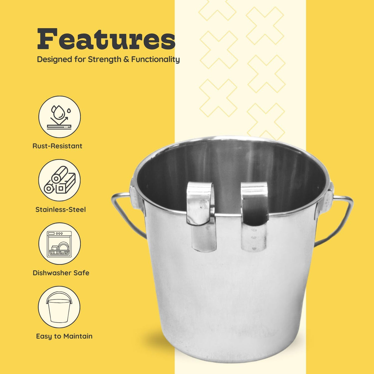 Stainless Steel Flat Side Bucket with Dual Hooks 2 Quart (0.5Gallon)– Heavy Duty Hanging Dog Water & Food Bowl Kennel, Cage & Crate, Durable Pet Pail for Dogs, Cats, Birds & Small Animals