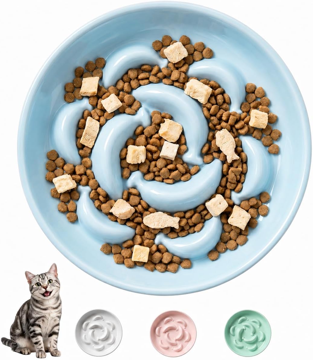 Ceramic Slow Feeder Cat Bowl, 6.3'' Wide Whisker Friendly Cat Puzzle Feeder | Slow Eating 5x, Anti Vomit Shallow Slow Eating Cat Dish for Dry and Wet Food, Microwave and Dishwasher Safe, 6.3" X 1.2"