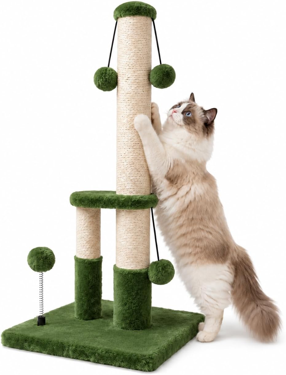 Dimaka Tall Cat Scratching Post, Double Lower Posts Extra Stable Cat Post Tree Scratcher with Sisal Rope and Teasing 4 Balls Total Large Base (Green)