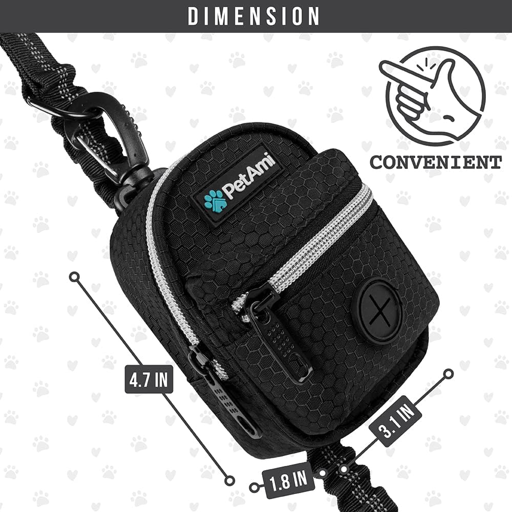PetAmi Dog Poop Bag Holder for Leash, Waste Bag Dispenser Pet Pouch, Black | Doggy Puppy Walking Accessories Travel Camping, Dog Treat Pouch Supplies Must Have, Doggie Poo, Jogging, Walks