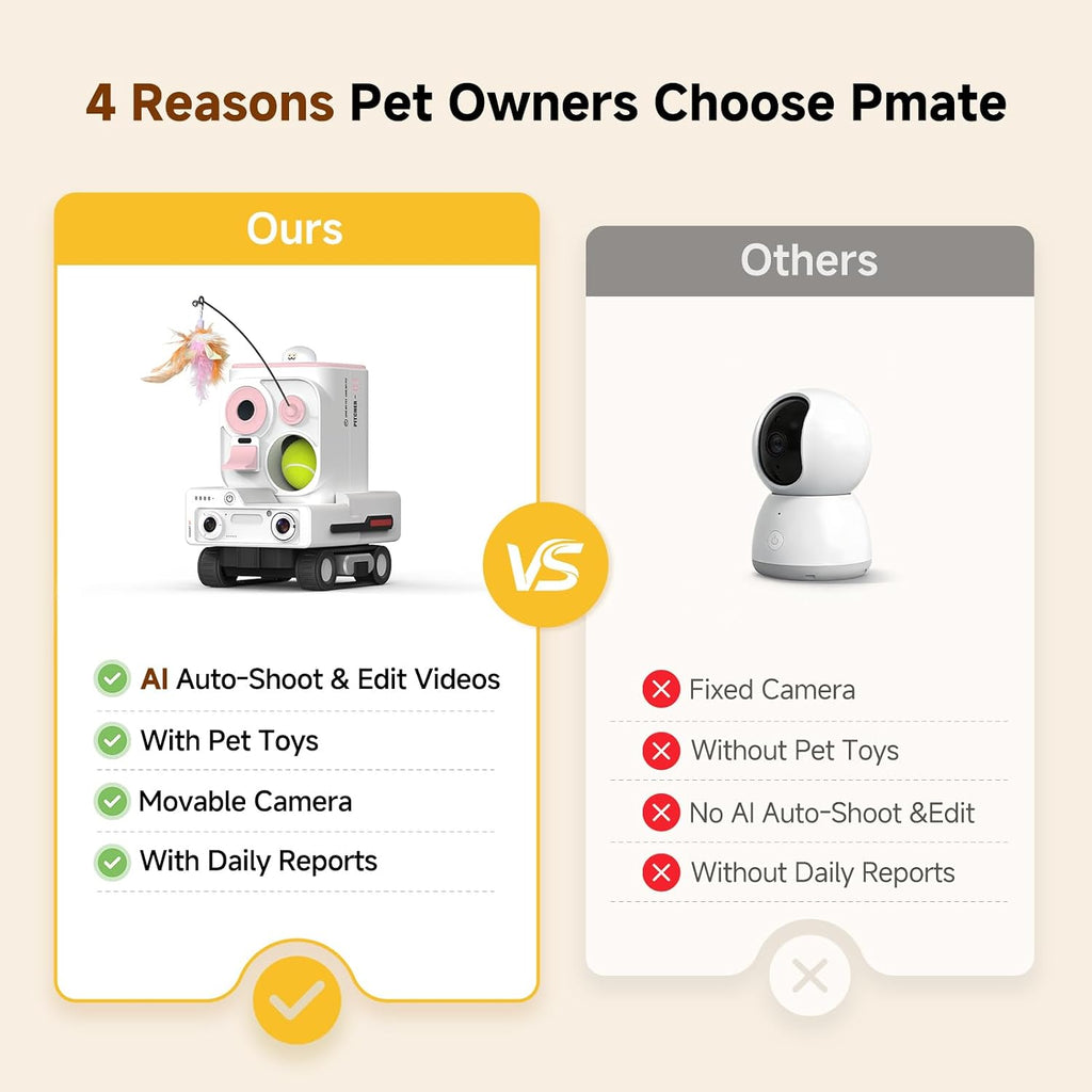 PMATE Self-Moving Pets Camera AI-Powered Rover with Auto Tracking & Patrol, 2K Live View, Night Vision, 2-Way Talk, and Auto-Recharge (Pink)