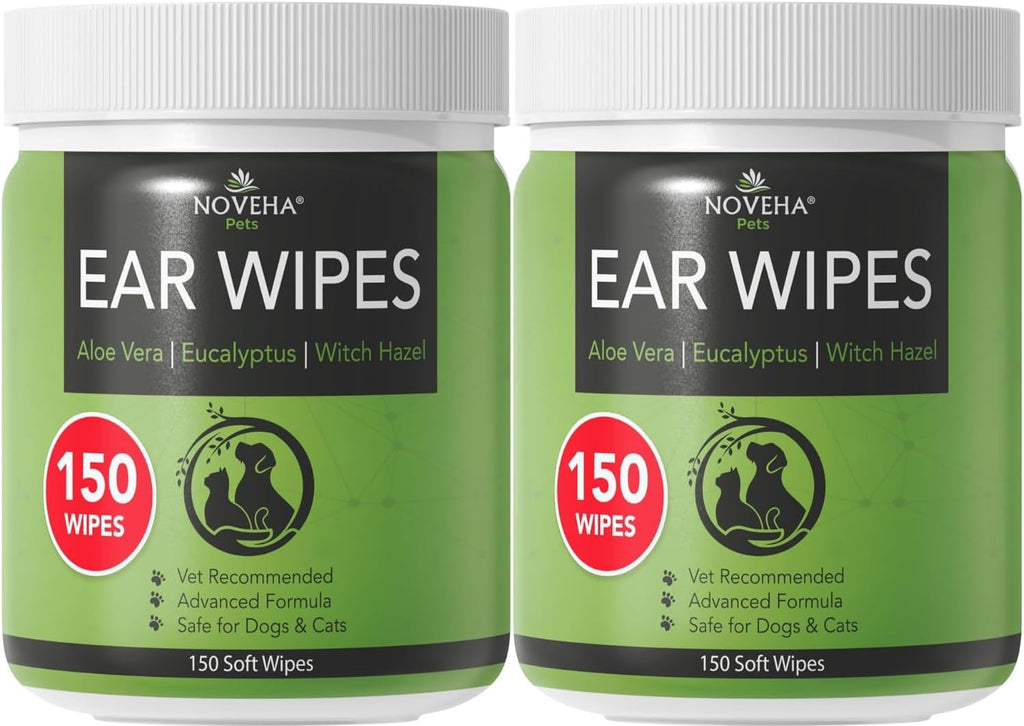 NOVEHA 300PCs Dog Ear Cleaner Wipes, Daily Ear Cleaner for Dogs & Cats - Stop Ear Itching with Aloe, Eucalyptus & Witch Hazel Ear Wipes for Dogs - for Odor Control, Dirt and Wax Removal, Unscented