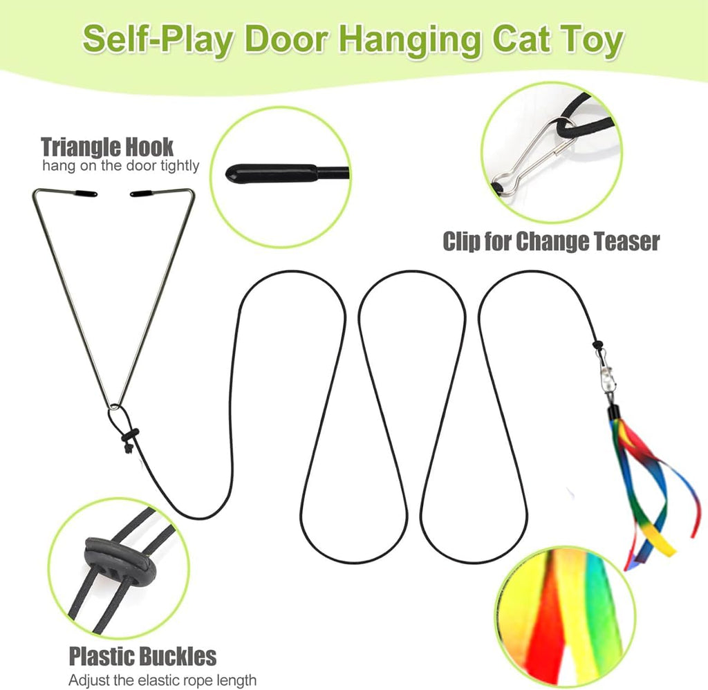 Door Hanging Cat Toys with Suction Cups, Interactive Hanging Feather & Plush Cat Toy with Bell, Assorted Replaceable Refills for Indoor Kitten Hunting Exercise (Ribbon Set (10Pcs))