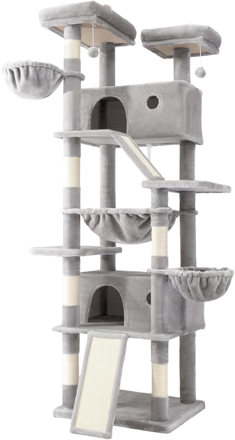 SHA CERLIN 81in Multi-Level Tall Cat Tree Tower for Indoor Kitties/Larger Cat Condo Furniture with Hammock/Cozy Pussycat Perches/Sisal Scratching Posts/Pet House/Wide Base/Grey