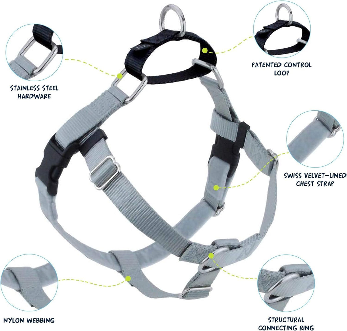 2 Hounds Design Freedom No Pull Dog Harness and Leash, 1" LG, Silver