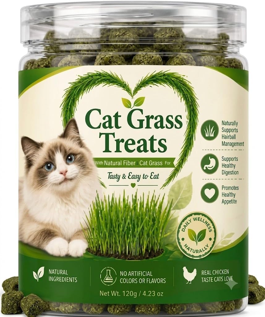 Cat Grass Treats for Indoor Cats, Natural Hairball Control Snacks with Catnip, Healthy Chewable Grass Pellets for Digestive Support