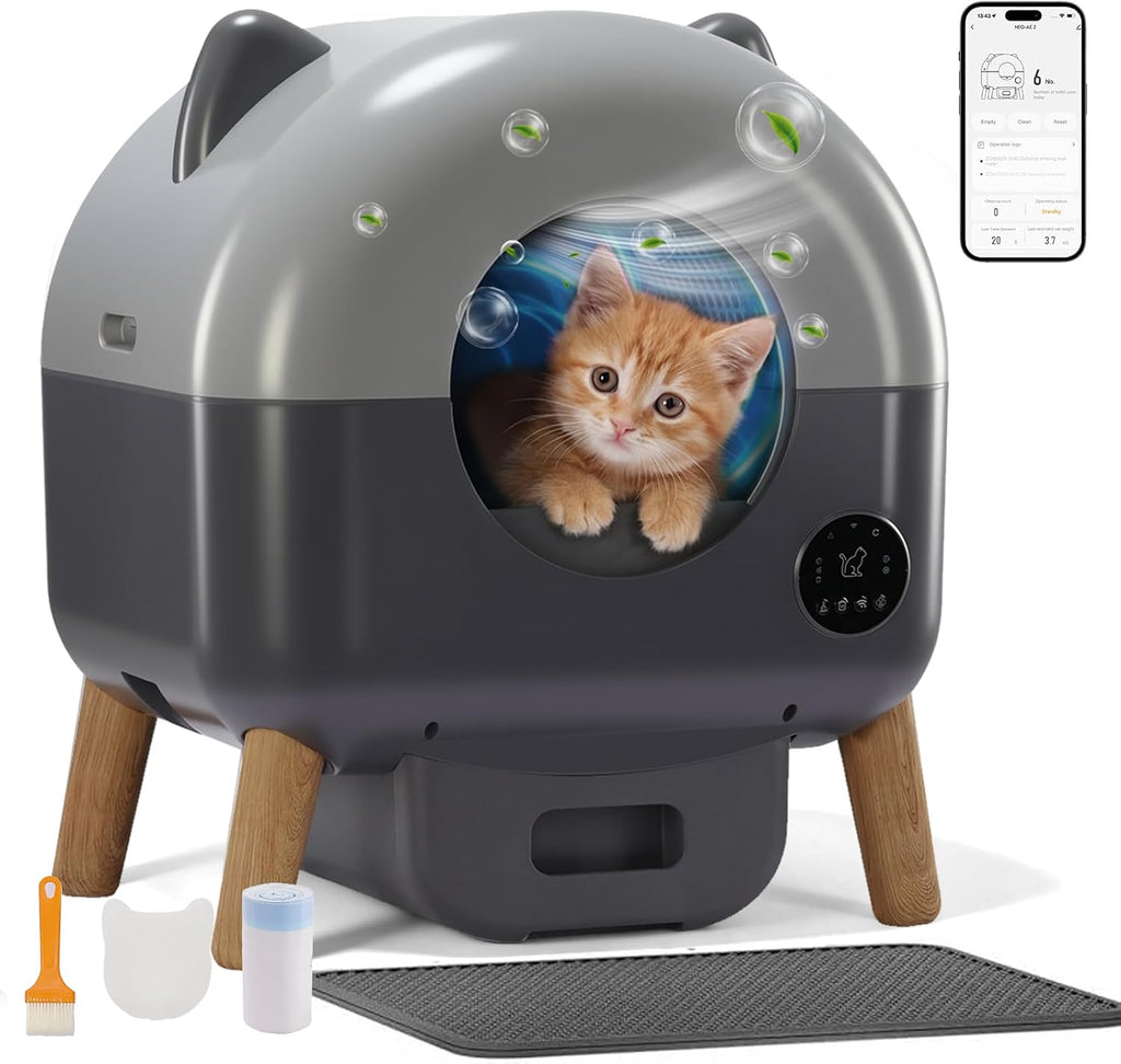GTPLAYER Automatic Self-Cleaning Cat Litter Box, 2026 Upgraded 66L+18.6L Extra-Large Covered Smart Box with App Control, Safety Sensor System, Easy-Clean Waste Bin, Ideal for Multi-Cat Homes, Grey