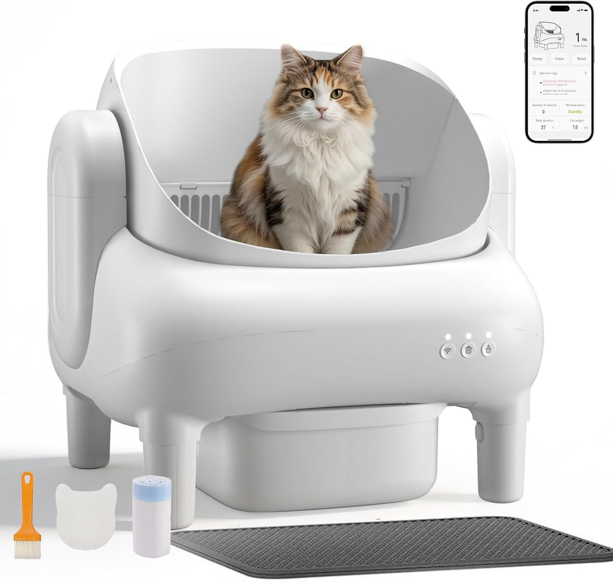 GTPLAYER Self Cleaning Litter Box, Open Top Cat Automatic Litter Box - APP Control and Weight Monitoring, Safety Sensors Protection, Ultra-Quiet, Odor Control, Includes Trash Bag& Scrub Brush, White